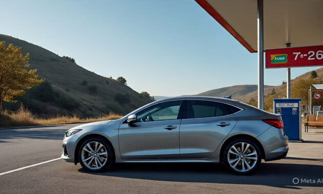 A hybrid car at a scenic petrol station on a road trip.