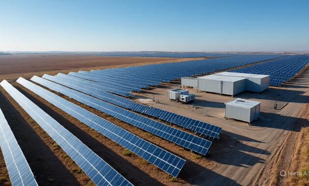 image of a modern solar farm with advanced panel technology and battery storage systems