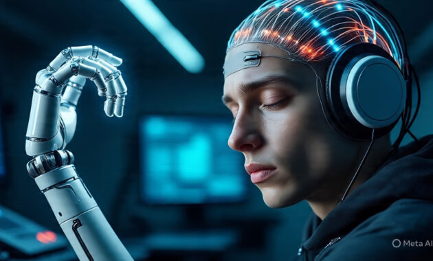 a person using a brain-computer interface to control a robotic arm