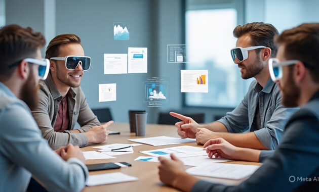 a people wearing sleek AR glasses in a collaborative virtual workspace