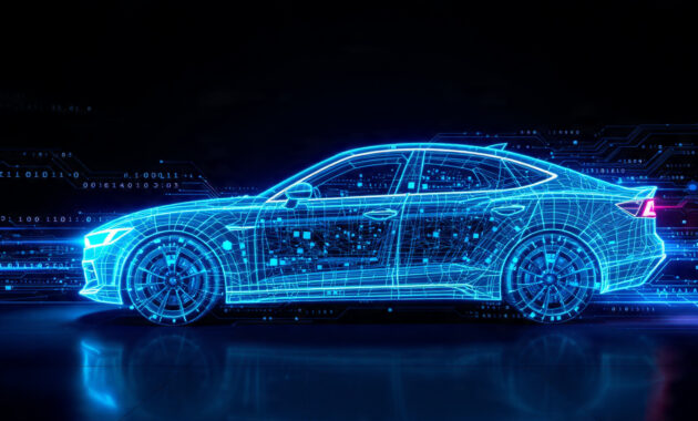 Digital representation of a software-defined vehicle receiving over-the-air updates.