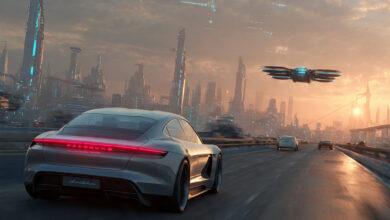 Future electric car driving autonomously on a highway with a flying car in the background.