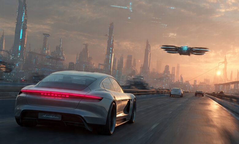 Future electric car driving autonomously on a highway with a flying car in the background.