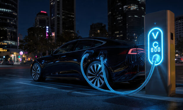 Electric vehicle charging at a high-speed ultra-fast charging station.